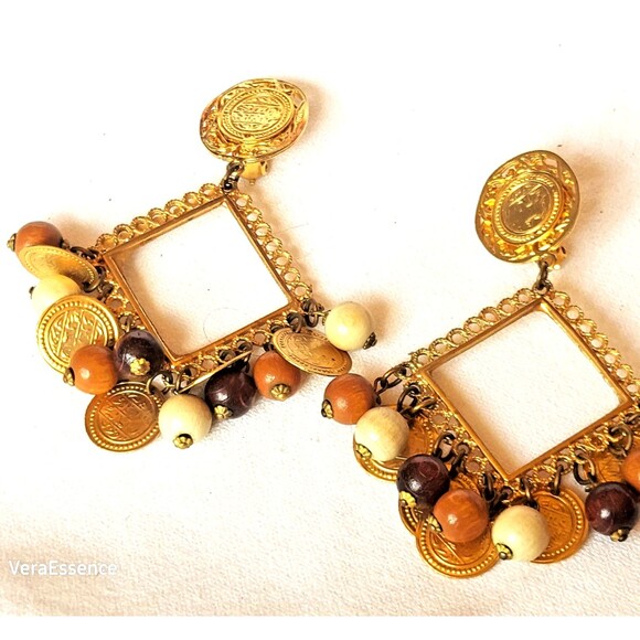 Egyptian Revival Earrings Gold Tone Dangle Charm Coins Wood Beads State Vtg 3.5